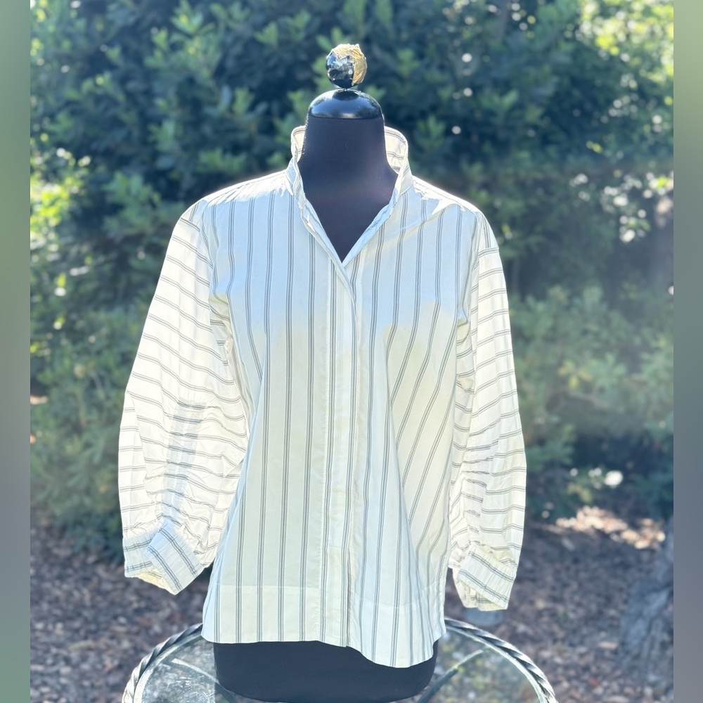 Odeeh Striped Button-Up Blouse With Ruched Sleeve Accent - Size 38